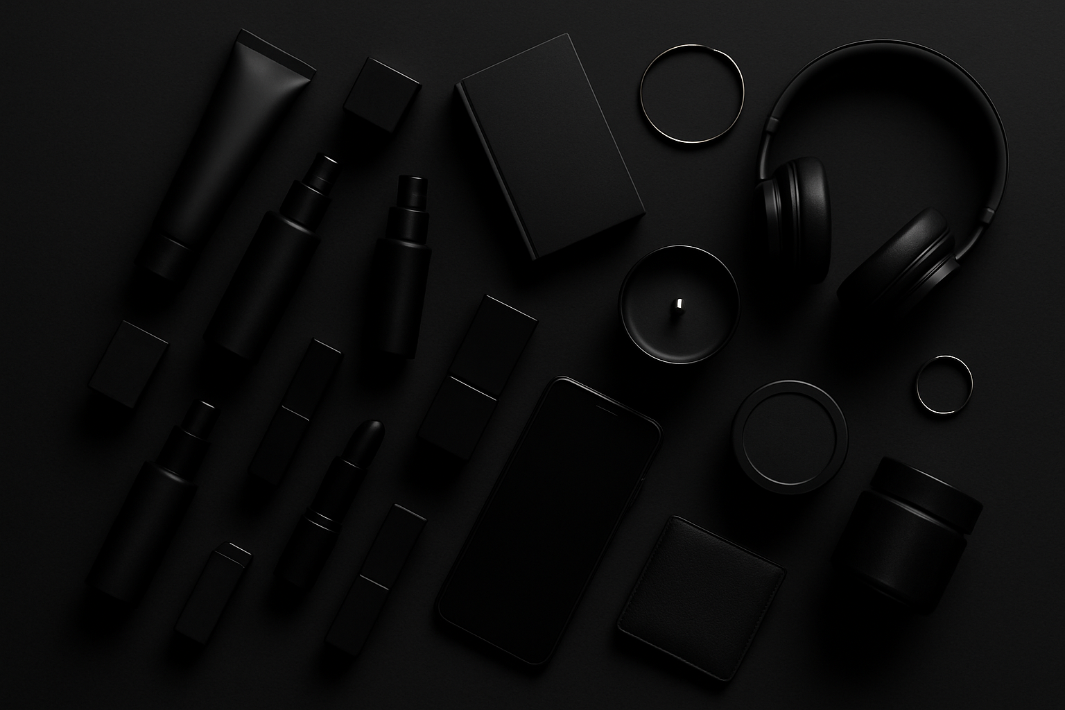 black aesthetic with alot of products scattered